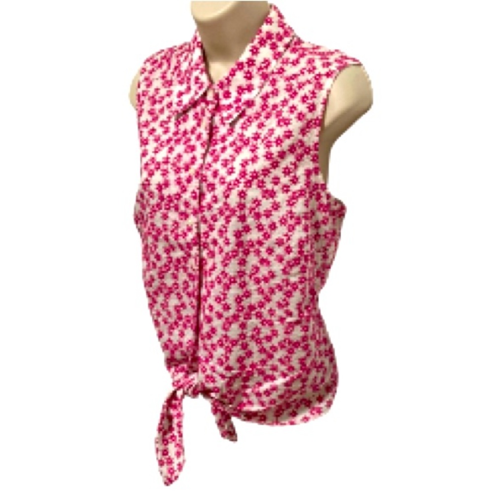 TALBOTS Floral Pink Red Sleeveless Button Down Shirt Blouse Tie Casual Womens 16